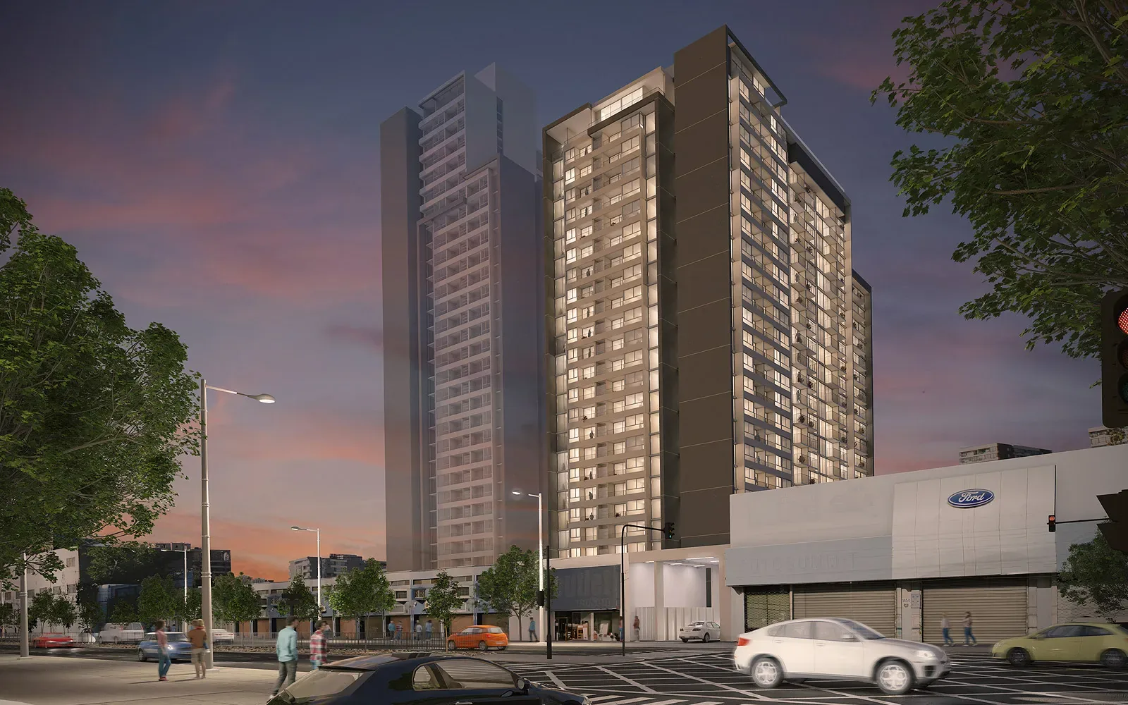 Render de la fachada del edificio Vicuña Mackenna 1432